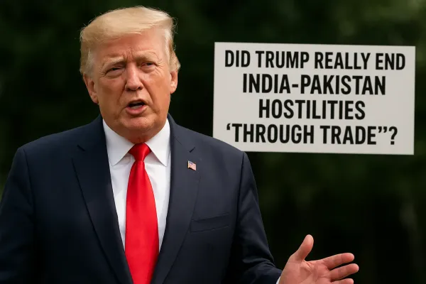 Donald Trump speaking with a sign questioning if he ended India-Pakistan hostilities through trade.