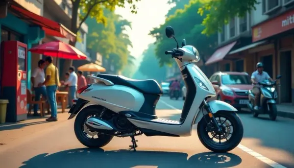 Stylish white scooter parked on a busy Indian street in daylight