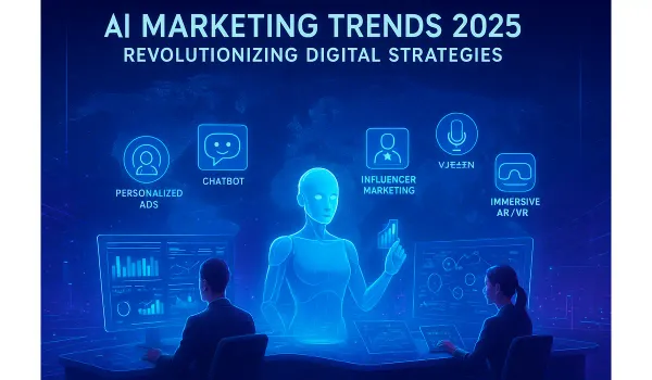 Futuristic AI marketing dashboard showcasing AI marketing trends 2025 with AR and chatbot interfaces.
