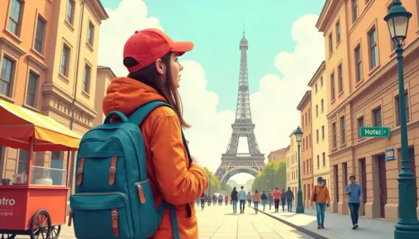 Budget traveler with backpack exploring Paris near the Eiffel Tower.