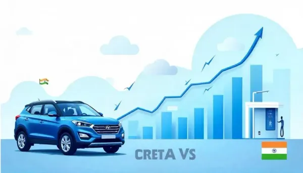 Hyundai Creta in front of stock market with Hyundai India share price ticker