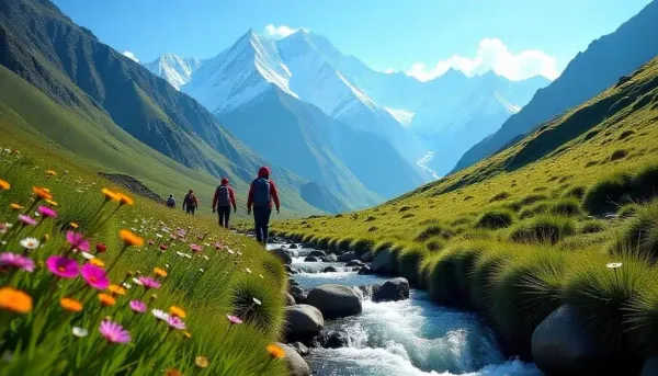 Trekkers on a scenic Himalayan trail during mountain treks in India.