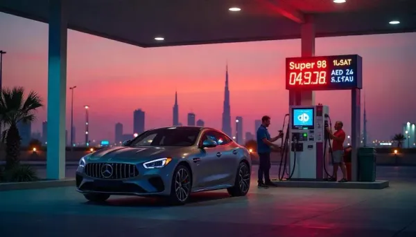 UAE petrol station showing the UAE petrol price change July 2025 with a digital price board.