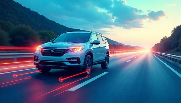 Modern SUV with blind spot monitoring and automatic emergency braking alert on a highway.