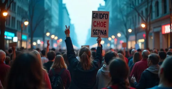 A crowd of people in a city street at night, with one person holding a sign reading "GRIDFO CHOE SEPNA" and raising a peace s