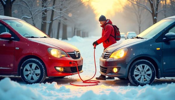 Step-by-step guide to jumpstarting a car for beginners, showing cables connected in cold weather.