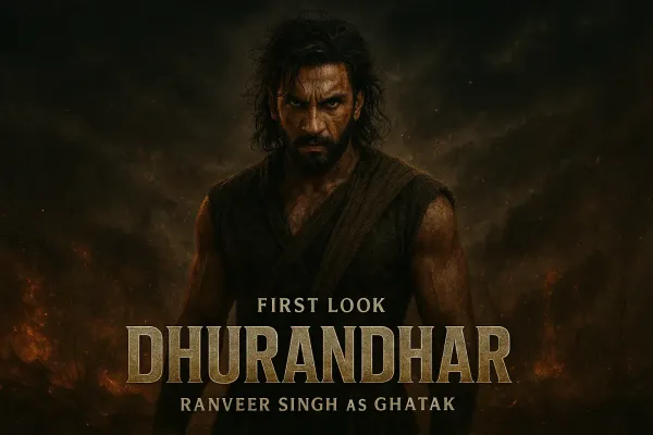 Ranveer Singh in an intense pose with the text "Ghayal Hoon Isliye Ghatak Hoon" overlaid, promoting his first look in Dhurand