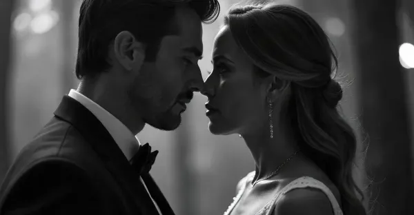 A black-and-white photo of a couple in formal attire gazing at each other closely, with a softly blurred background.