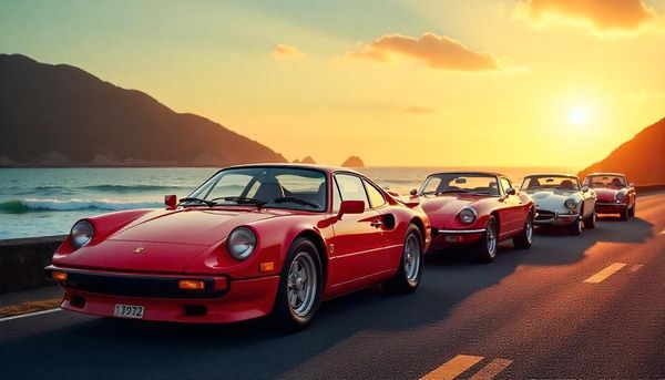 Lineup of the most iconic sports cars of all time ranked, including Porsche 911 and Jaguar E-Type, on a scenic coastal road.