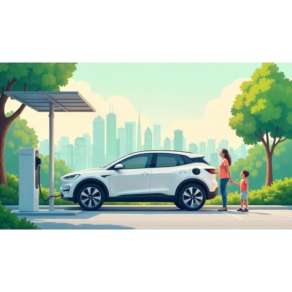 Family with electric vehicle at charging station, showcasing pros and cons of owning an electric car in 2025.