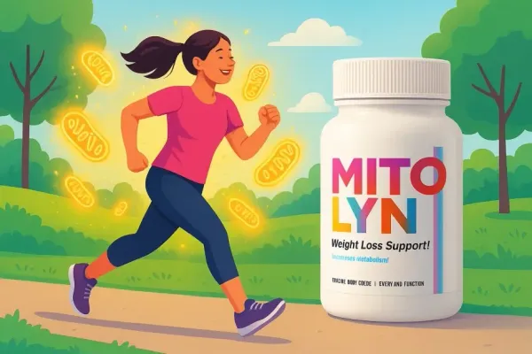 Woman jogging with glowing mitochondria particles and Mitolyn supplement bottle in park