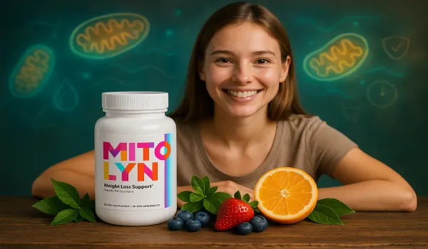 Mitolyn supplement bottle with turmeric, citrus, and glowing mitochondria visuals