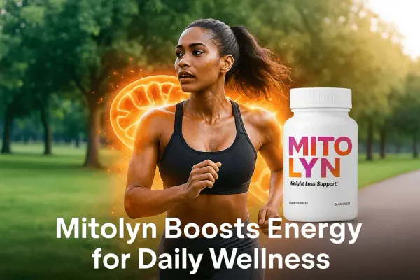 Person jogging in park with mitochondrial graphic, highlighting what is Mitolyn used for in daily routine for energy and vita