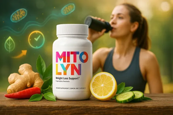 Mitolyn supplement bottle with natural herbs and fitness lifestyle visuals