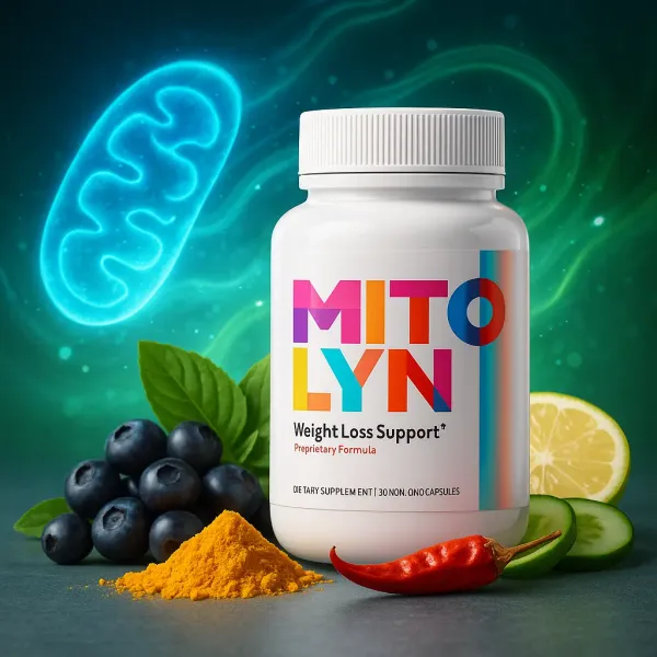 Mitolyn supplement bottle with natural antioxidants showing mitochondrial activation for energy and metabolism support