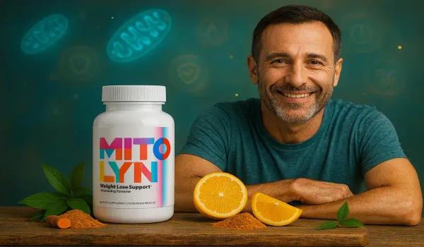 Mitolyn supplement bottle with turmeric, citrus, and glowing mitochondria visuals