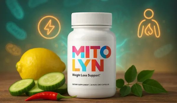 Mitolyn supplement bottle with energy and fat loss icons glowing in background