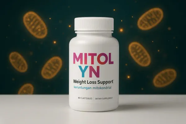 Mitolyn really work supplement bottle with mitochondria background