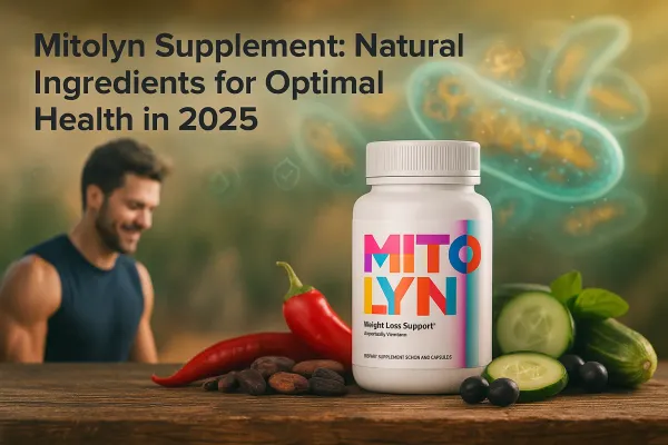 Mitolyn supplement bottle with natural ingredients on rustic table for health