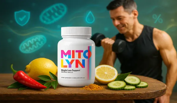 Mitolyn supplement bottle with chili, lemon, curry leaves, cucumber and exercising man
