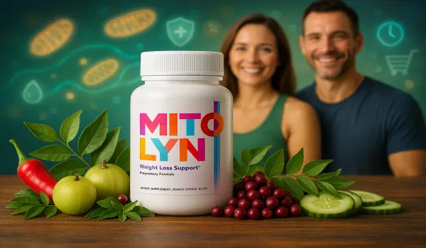 Mitolyn supplement bottle with chili, amla, schisandra berries, curry leaves, cucumber and healthy couple