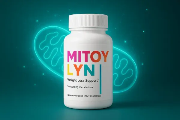 Mitolyn supplement bottle with glowing mitochondria background for weight loss and energy