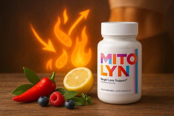 Mitolyn weight loss supplement bottle with chili pepper, lemon, berries, and natural herbs supporting fat burning and metabol