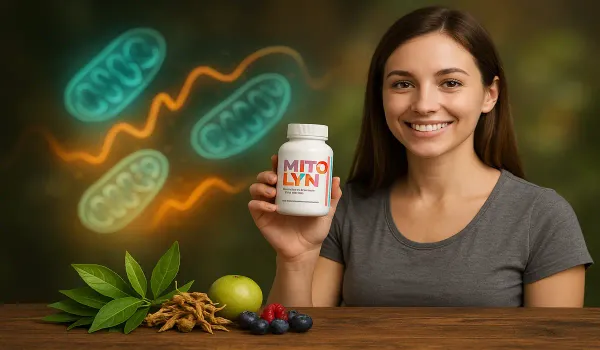 Smiling woman holding Mitolyn weight loss supplement bottle with natural ingredients and glowing mitochondria background.