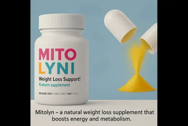 Mitolyn weight loss supplement bottle with capsule spilling golden powder and green herbal leaves in the background, represen