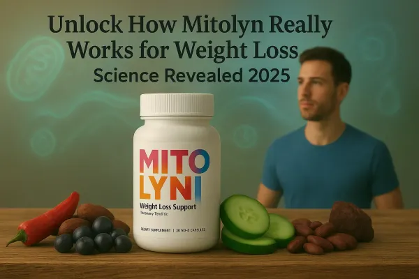 Mitolyn supplement bottle on wooden table with natural weight loss ingredients