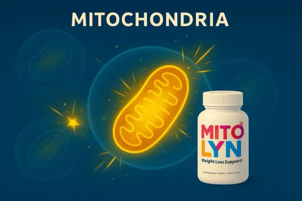 What is Mitolyn used for – Mitolyn supplement bottle with glowing mitochondria representing energy and fat burn