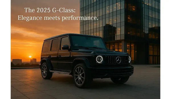 2025 Mercedes Benz G Class for sale parked in front of skyscraper at sunset.
