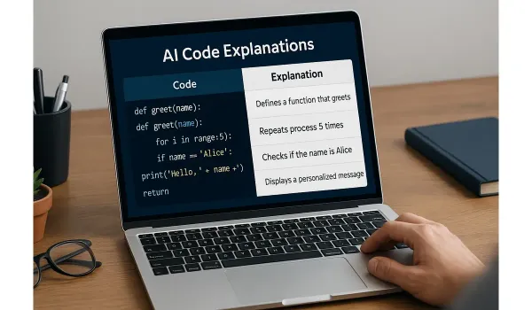 AI tool generating simple code explanations for non-developers on a laptop.