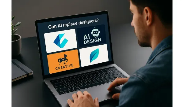 Professional using AI design tool on laptop