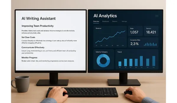 Person using AI productivity tools on laptop to manage tasks and analytics.