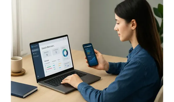 Person working remotely with AI remote work tools displayed on laptop screen.