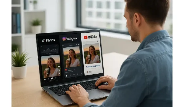 Man using AAI Video Tools That Make Short Clips for Socials on a laptop to generate short clips for socials like TikTok, Inst