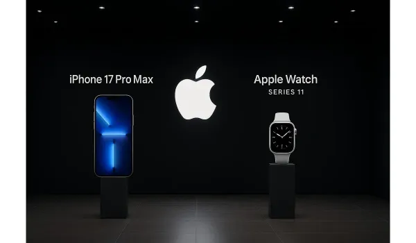 Apple announcements event stage with iPhone 17 and Apple Watch 11.