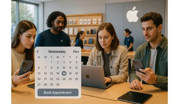 Apple Store with staff assisting customers, iPhones and Macs on display, with a digital calendar overlay symbolizing How to M