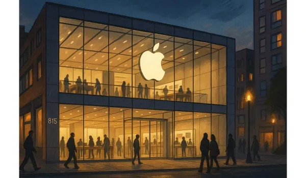 Editorial illustration of Apple Store Boston at 815 Boylston Street with glowing glass façade and customers inside.