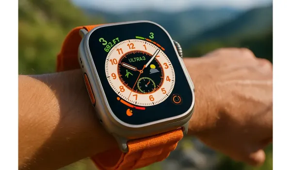 Apple Watch Ultra 3 rumors display with thinner bezels outdoors.