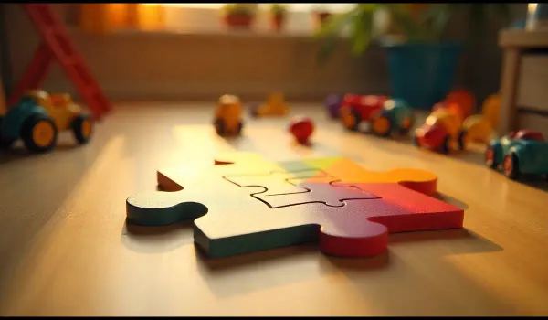 Autism symptoms illustrated with puzzle piece icon.