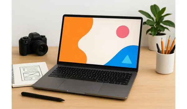A budget-friendly laptop on a creative workspace desk with sketchpad and camera.Best Budget Laptops with Long Battery for Cre