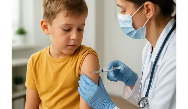 Child receiving vaccine at Florida health clinic.
