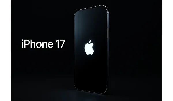 Concept image of iPhone 17 with ultra-thin design and glowing logo.
