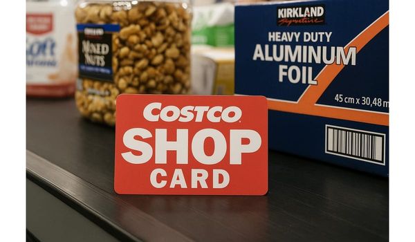 Digital mock-up showing a smartphone with the Costco Shop Card e-card open on the screen, ready for checkout.