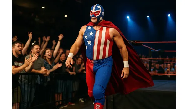 El Grande Americano wrestler making a dramatic entrance in costume.