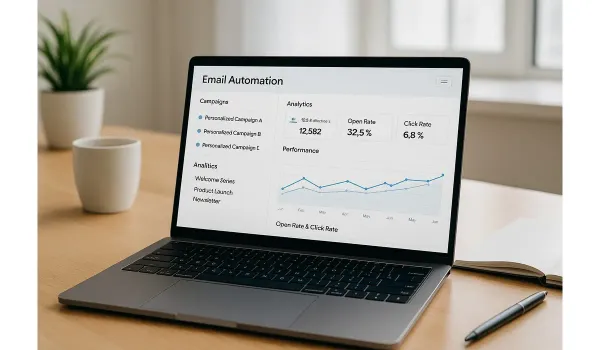 Laptop displaying an email automation dashboard with analytics.