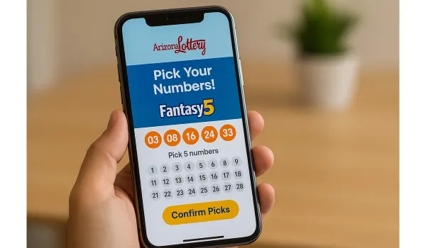 Fantasy 5 Arizona lottery ticket purchase on mobile app.
