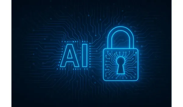 AI privacy risks concept with digital lock and circuit lines in background.